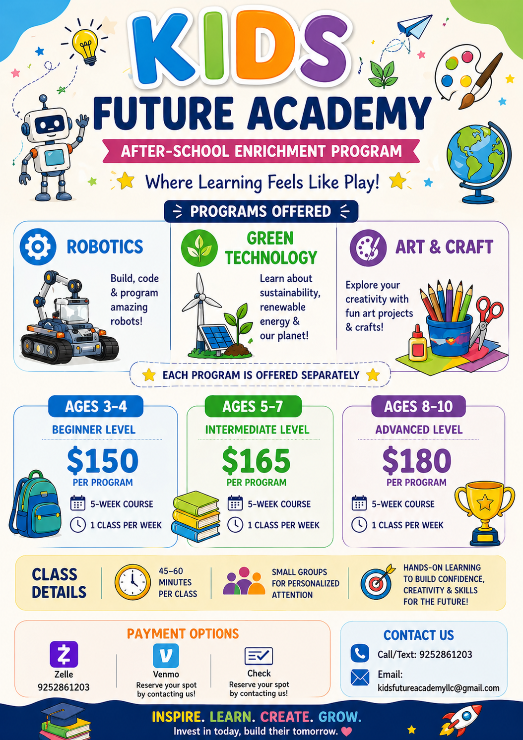 Kids Future Academy flyer with program highlights